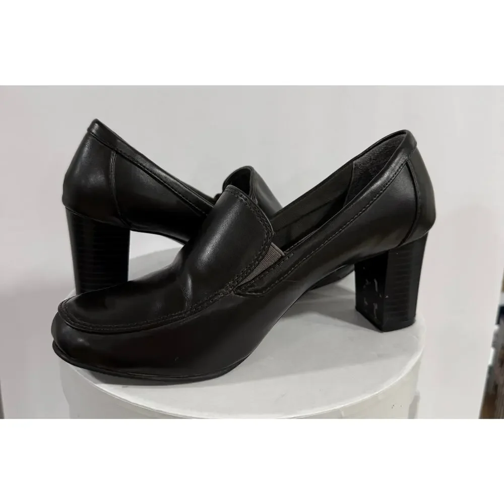 GH Bass Paris Heeled Loafers Black Square Toe Block Heel Office Siren Women's 6M